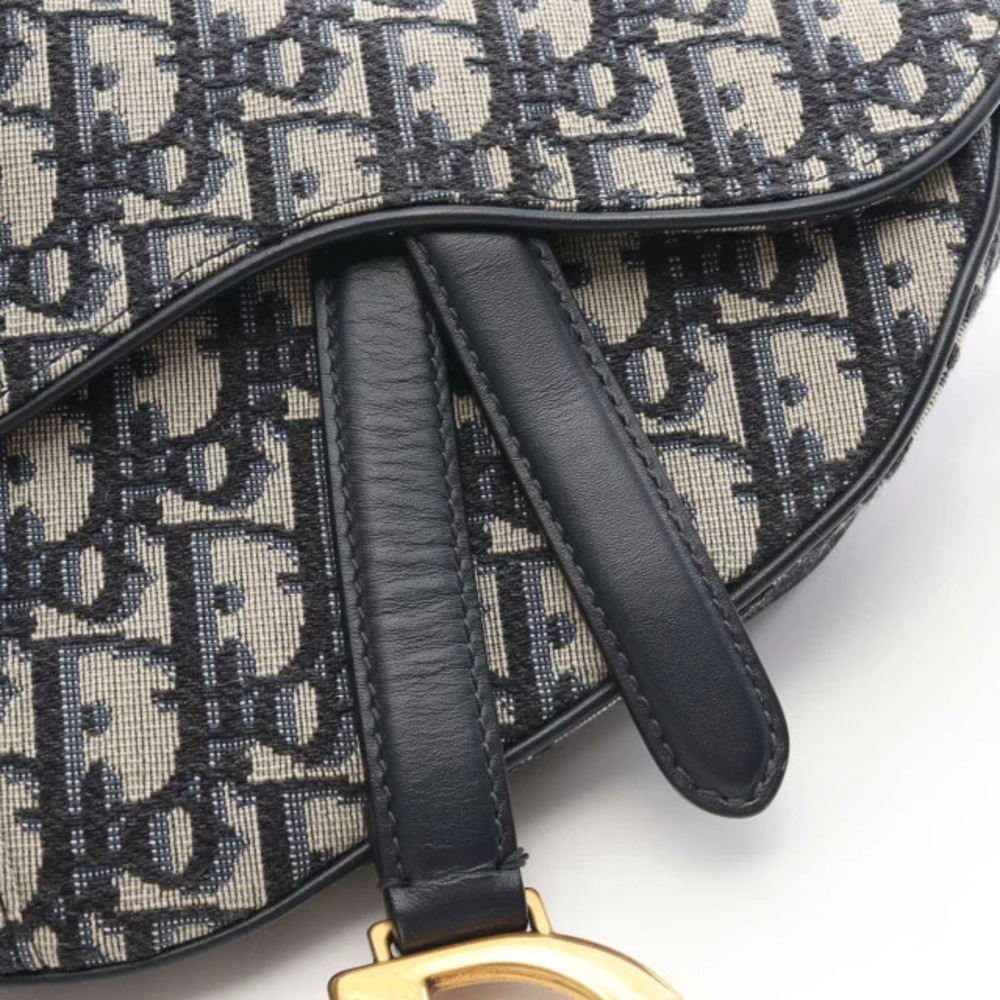 Dior Handbag Leather Navy Blue Bag Canvas Jacquard Ivory White Saddle Oblique - Picture 7 of 9
